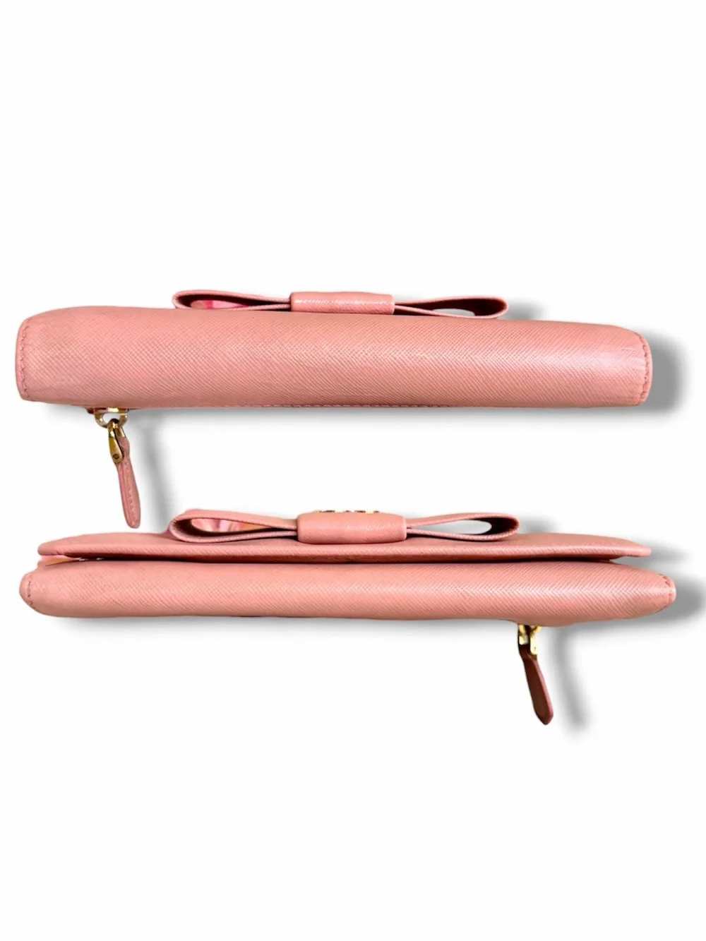 Pink Prada Saffiano leather long wallet flap closure with bow